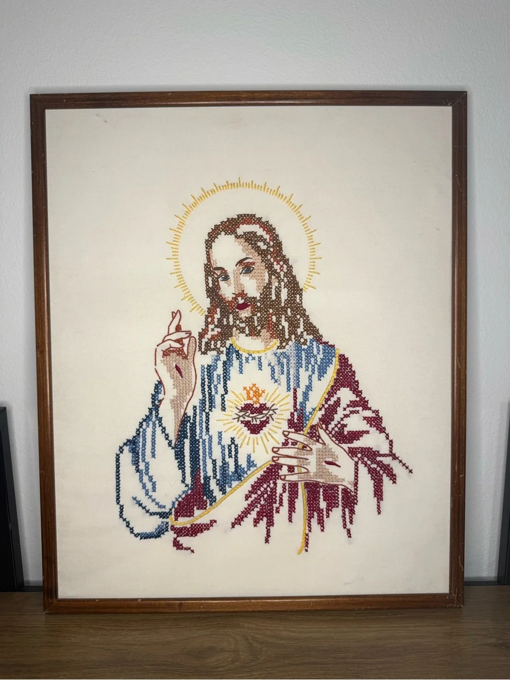 Vintage Framed Jesus Cross-Stitch